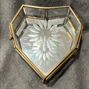 Brass & Etched Glass Heart Jewelry Box